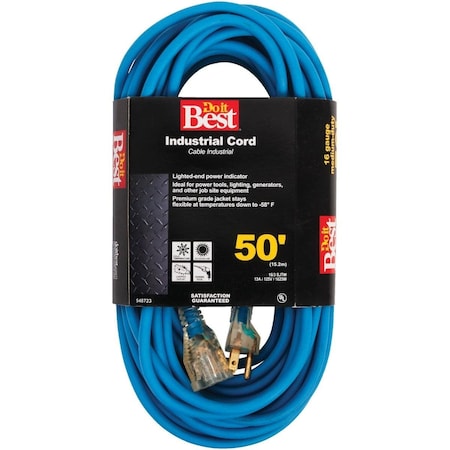 All-Source SJTW Extension Cord, 16 AWG, Outdoor, 16/3, 1 Outlets, Blue, 50 ft RL-JTW163-50X-BL